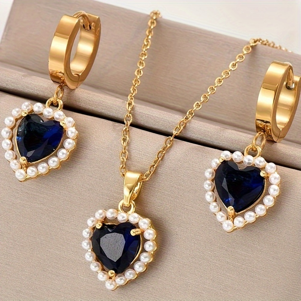 18K Gold Plated Love Heart Pendant Earrings + Necklace Set